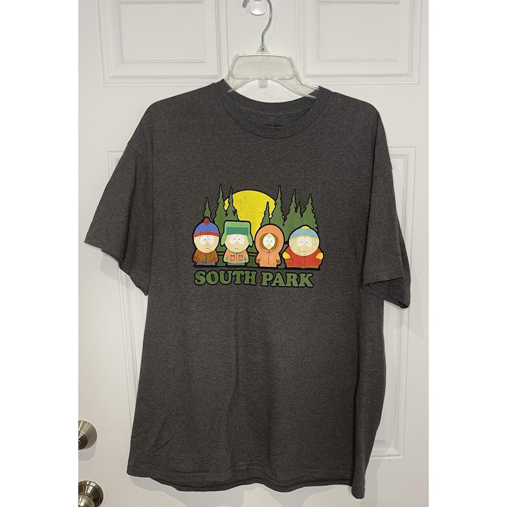 South Park Men's XL Character Gray Graphic T Shirt Camping Trees Moon